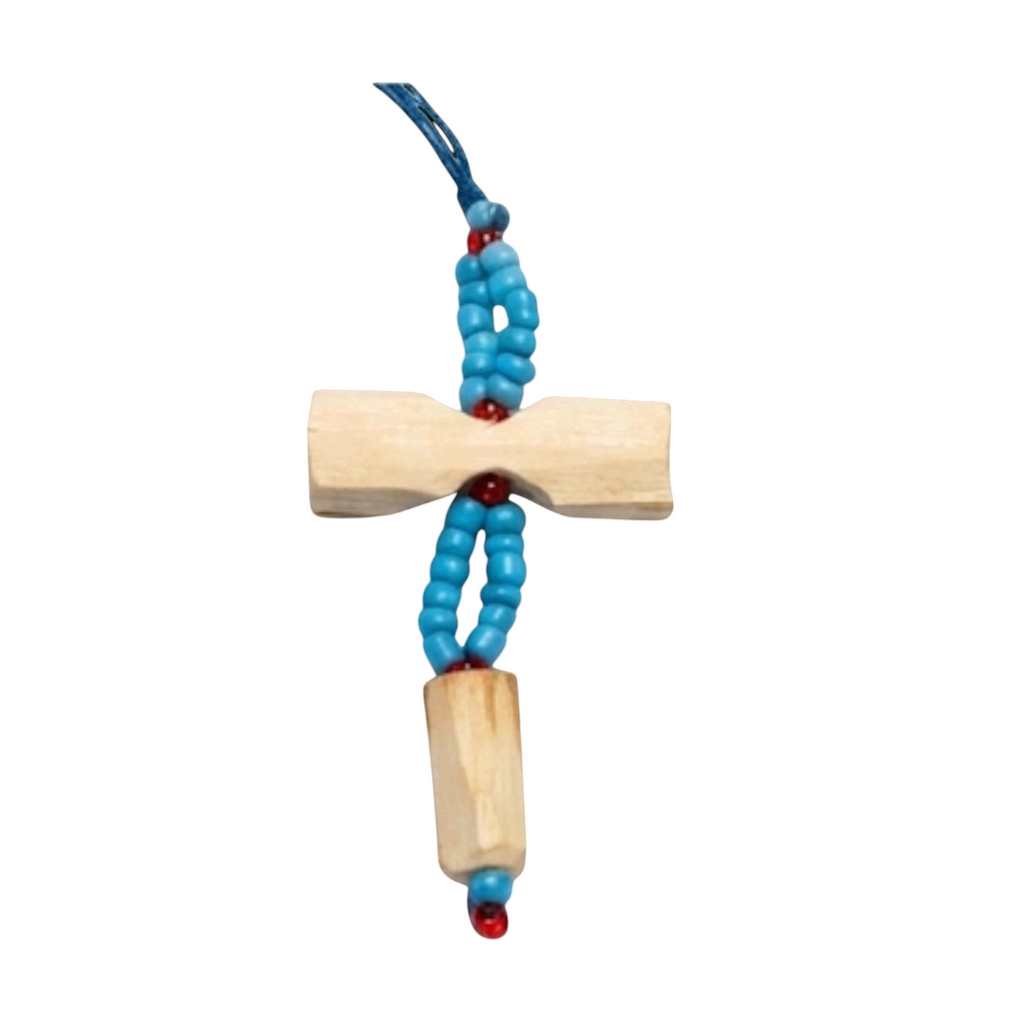 Nazar -Handgeschnitztes Schutz-Kreuz aus Naturholz mit Perlen