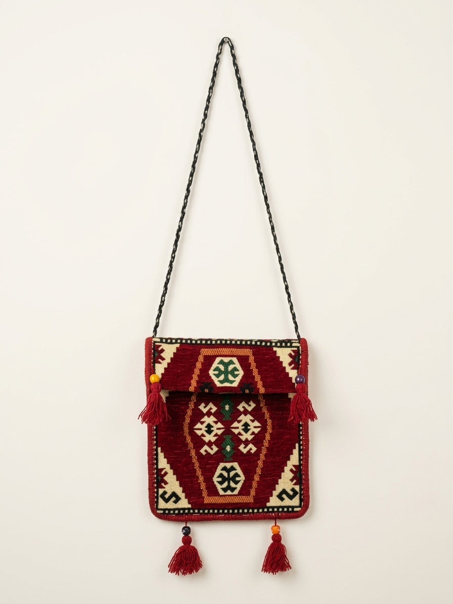 Design F - Tasche mit Langem Riemen, Nomaden-Stil, Burgunderrot, Baumwollstoff - Ezidxan