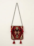 Design F - Tasche mit Langem Riemen, Nomaden-Stil, Burgunderrot, Baumwollstoff - Ezidxan