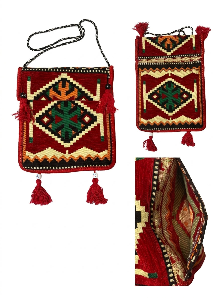 Design B -Tasche mit Langem Riemen, Nomaden-Stil, Burgunderrot, Baumwollstoff - Ezidxan