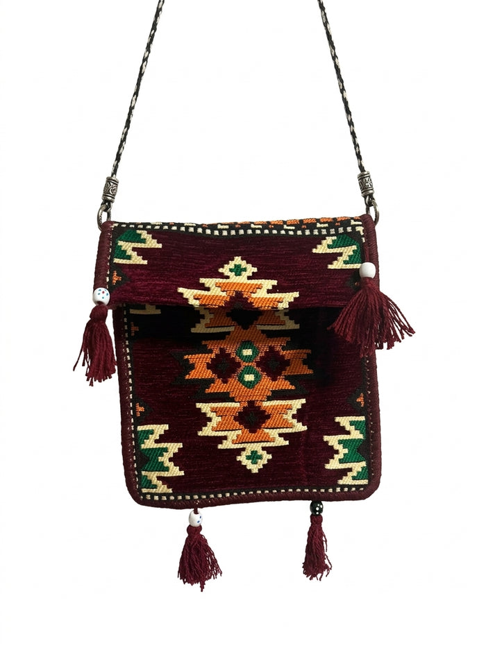 Design A2 - Tasche mit Langem Riemen, Nomaden-Stil, Burgunderrot, Baumwollstoff - Ezidxan