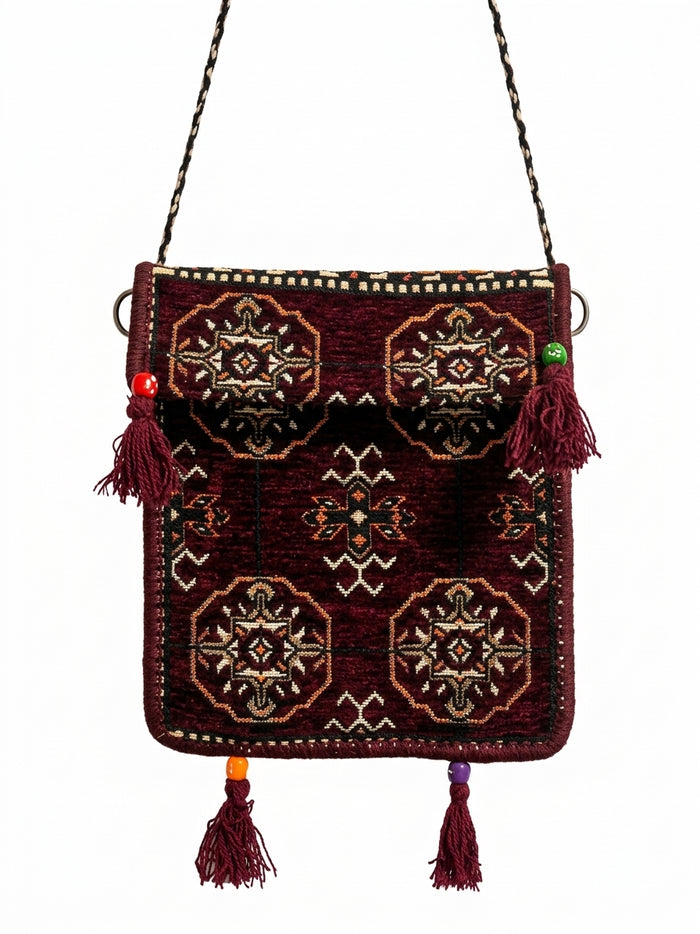 Design A1 - Tasche mit Langem Riemen, Nomaden-Stil, Burgunderrot, Baumwollstoff - Ezidxan