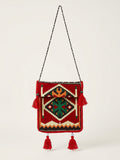 Design B -Tasche mit Langem Riemen, Nomaden-Stil, Burgunderrot, Baumwollstoff - Ezidxan
