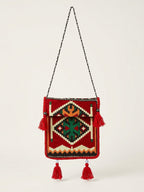 Design B -Tasche mit Langem Riemen, Nomaden-Stil, Burgunderrot, Baumwollstoff - Ezidxan