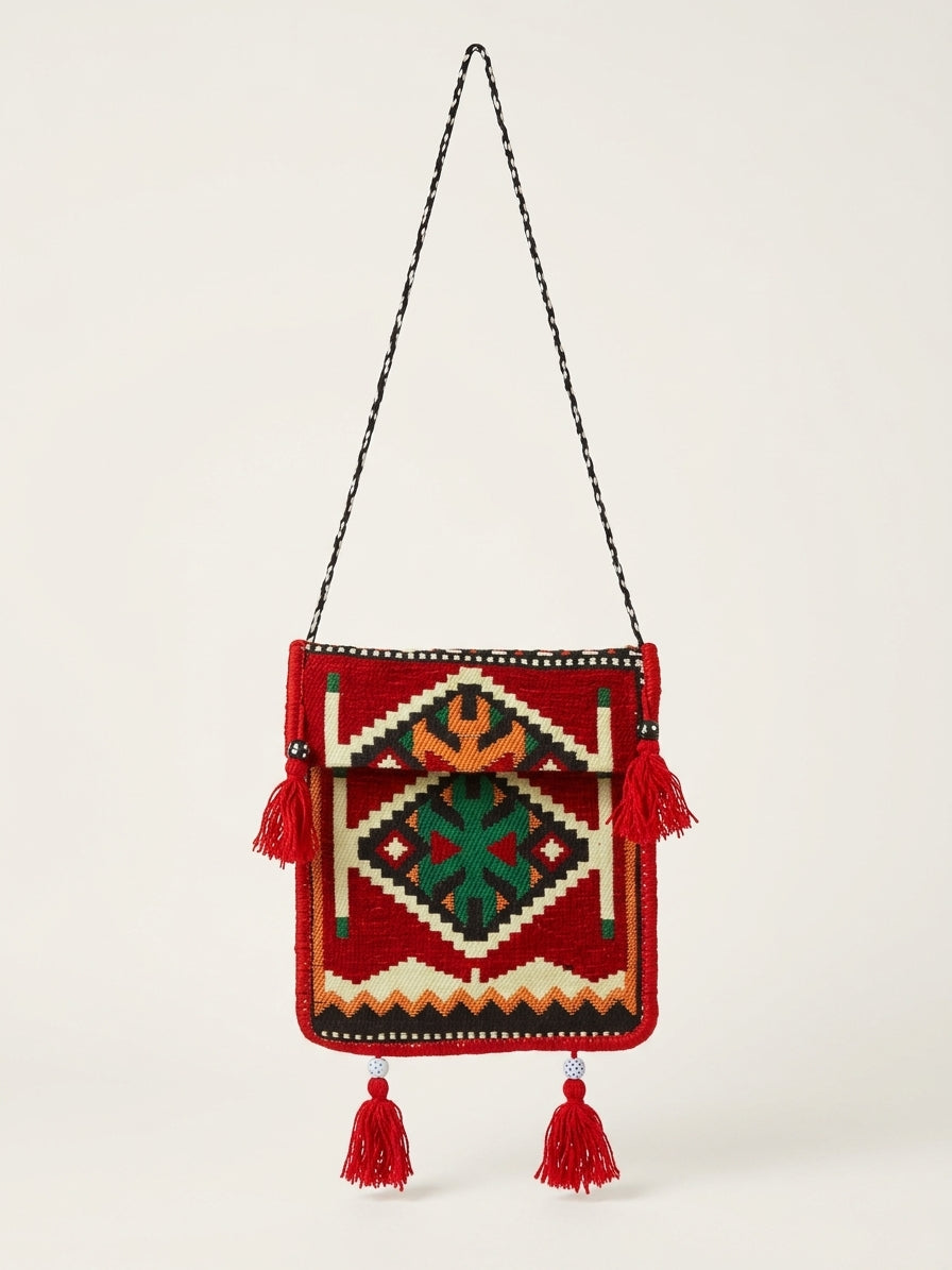 Design B -Tasche mit Langem Riemen, Nomaden-Stil, Burgunderrot, Baumwollstoff - Ezidxan