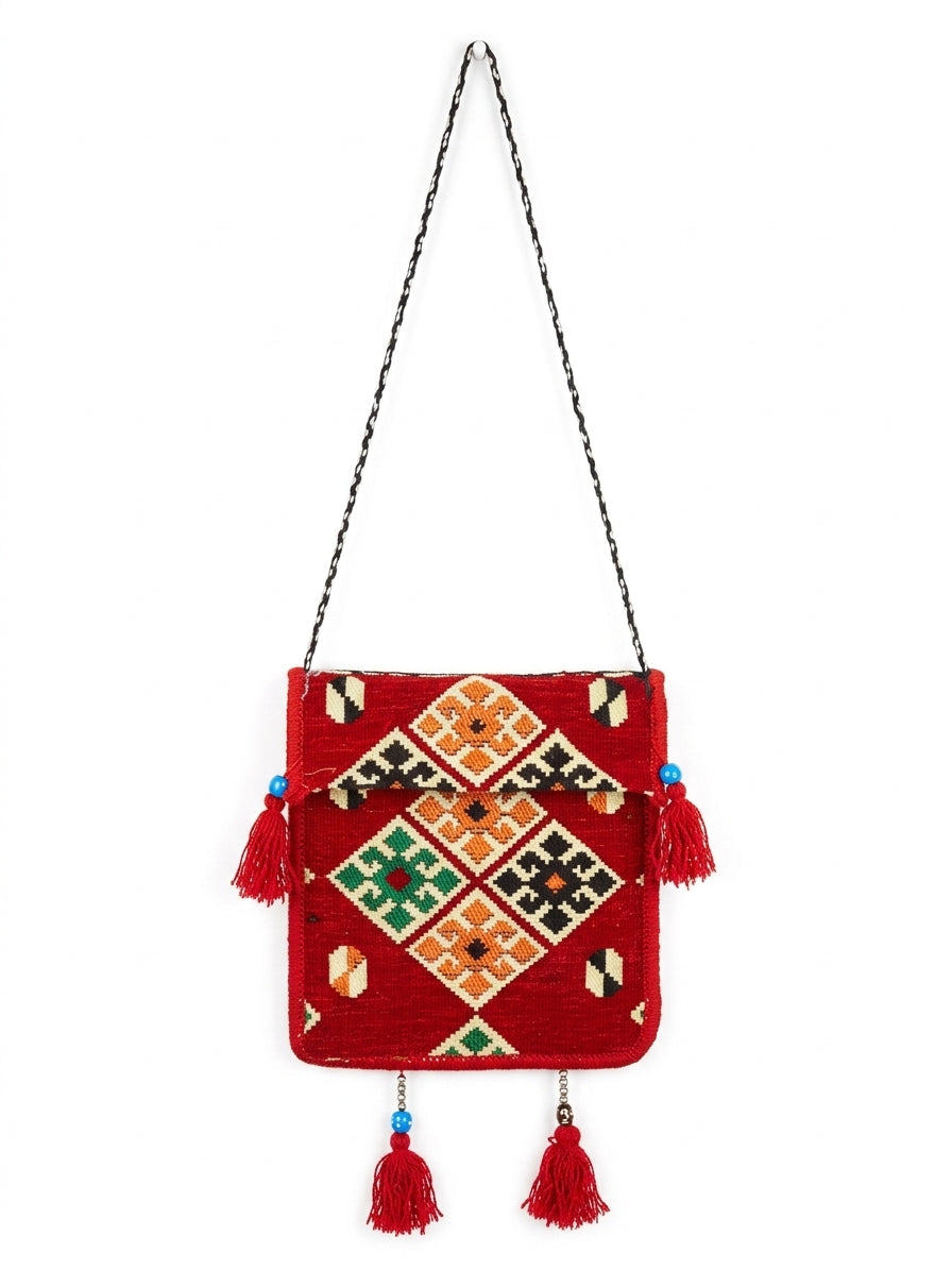 Design A- Tasche  mit Langem Riemen, Nomaden-Stil, Burgunderrot, Baumwollstoff - Ezidxan