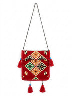 Design A- Tasche  mit Langem Riemen, Nomaden-Stil, Burgunderrot, Baumwollstoff - Ezidxan