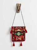Design E - Tasche mit Langem Riemen, Nomaden-Stil, Burgunderrot, Baumwollstoff - Ezidxan