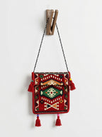 Design E - Tasche mit Langem Riemen, Nomaden-Stil, Burgunderrot, Baumwollstoff - Ezidxan