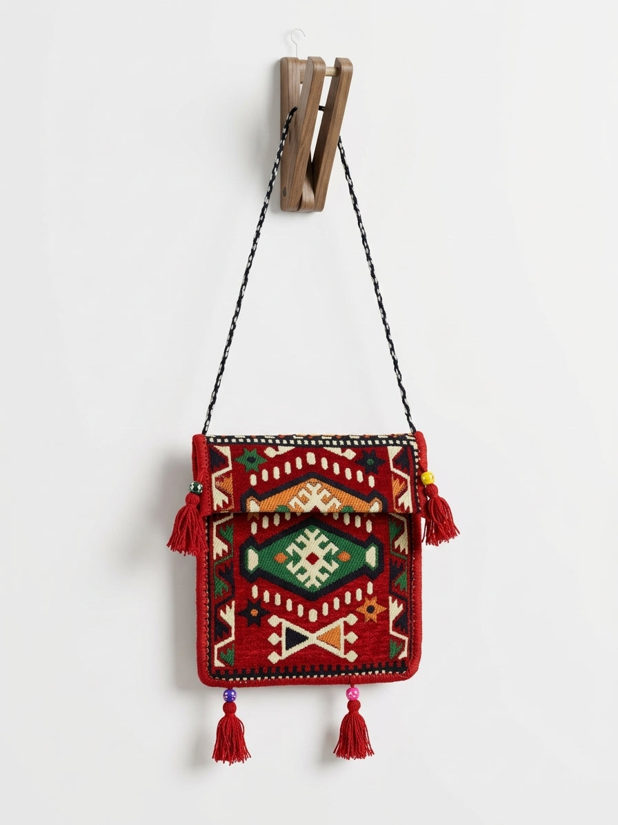 Design E - Tasche mit Langem Riemen, Nomaden-Stil, Burgunderrot, Baumwollstoff - Ezidxan