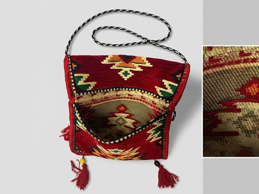 Design D - Tasche mit Langem Riemen, Nomaden-Stil, Burgunderrot, Baumwollstoff - Ezidxan
