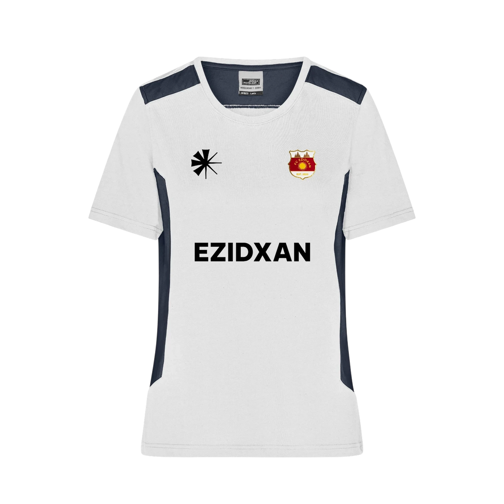 Milan Geschenk e.K white athletic performance jersey with navy side panels, crew neck, team crest, and EZIDXZAN lettering.