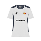 Milan Geschenk e.K white athletic performance jersey with navy side panels, crew neck, team crest, and EZIDXZAN lettering.