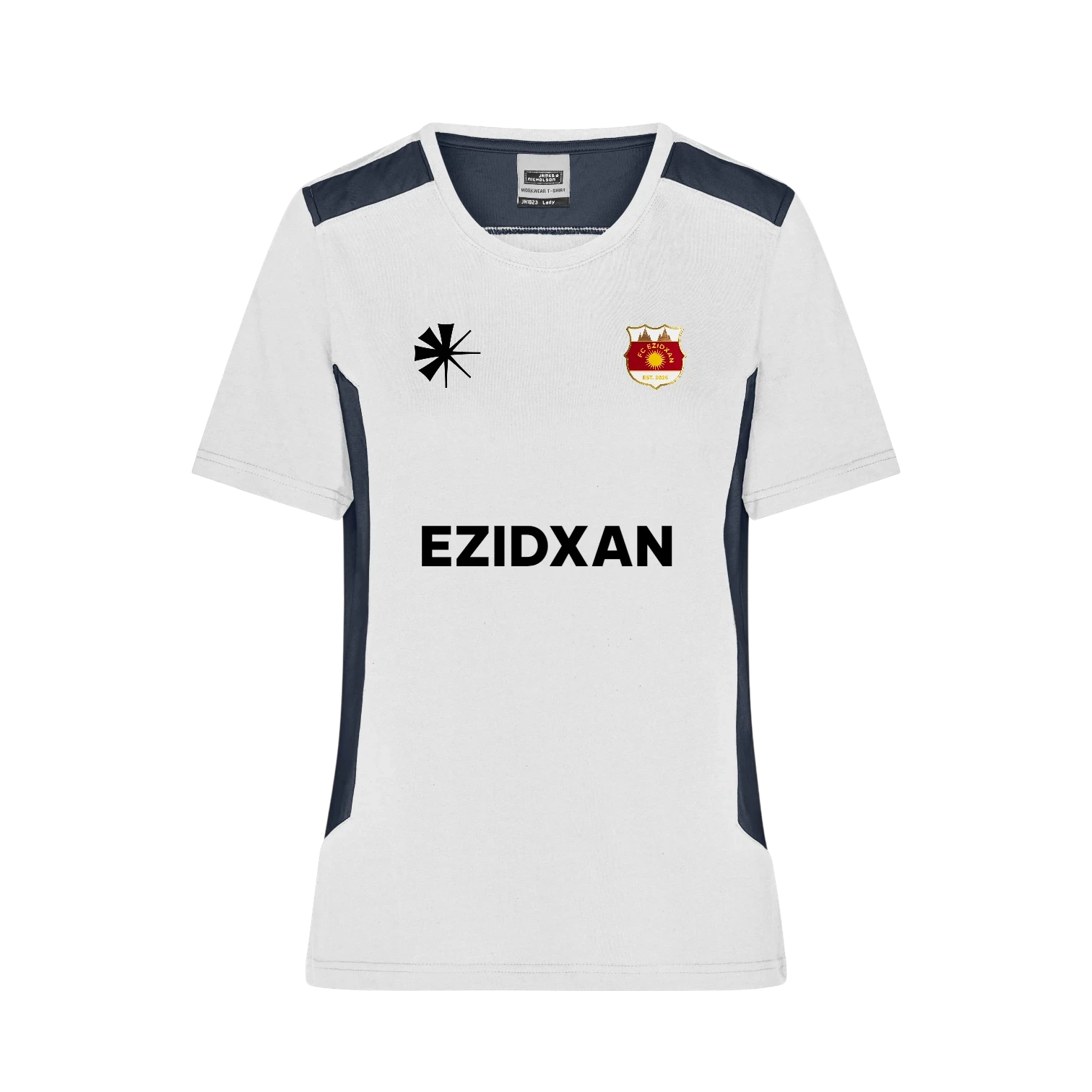 Milan Geschenk e.K white athletic performance jersey with navy side panels, crew neck, team crest, and EZIDXZAN lettering.