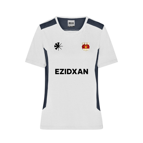 Milan Geschenk e.K white athletic performance jersey with navy side panels, crew neck, team crest, and EZIDXZAN lettering.