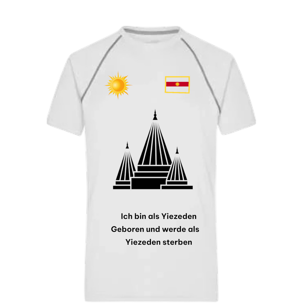 Milan Geschenk e.K. white polyester sports t-shirt for men with a round neck, raglan sleeves, and a graphic featuring a sun, a flag, temple-like structures, and text.