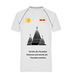 Milan Geschenk e.K. white polyester sports t-shirt for men with a round neck, raglan sleeves, and a graphic featuring a sun, a flag, temple-like structures, and text.