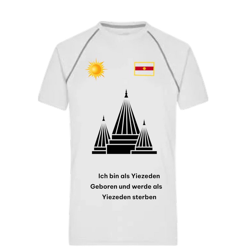 Milan Geschenk e.K. white polyester sports t-shirt for men with a round neck, raglan sleeves, and a graphic featuring a sun, a flag, temple-like structures, and text.
