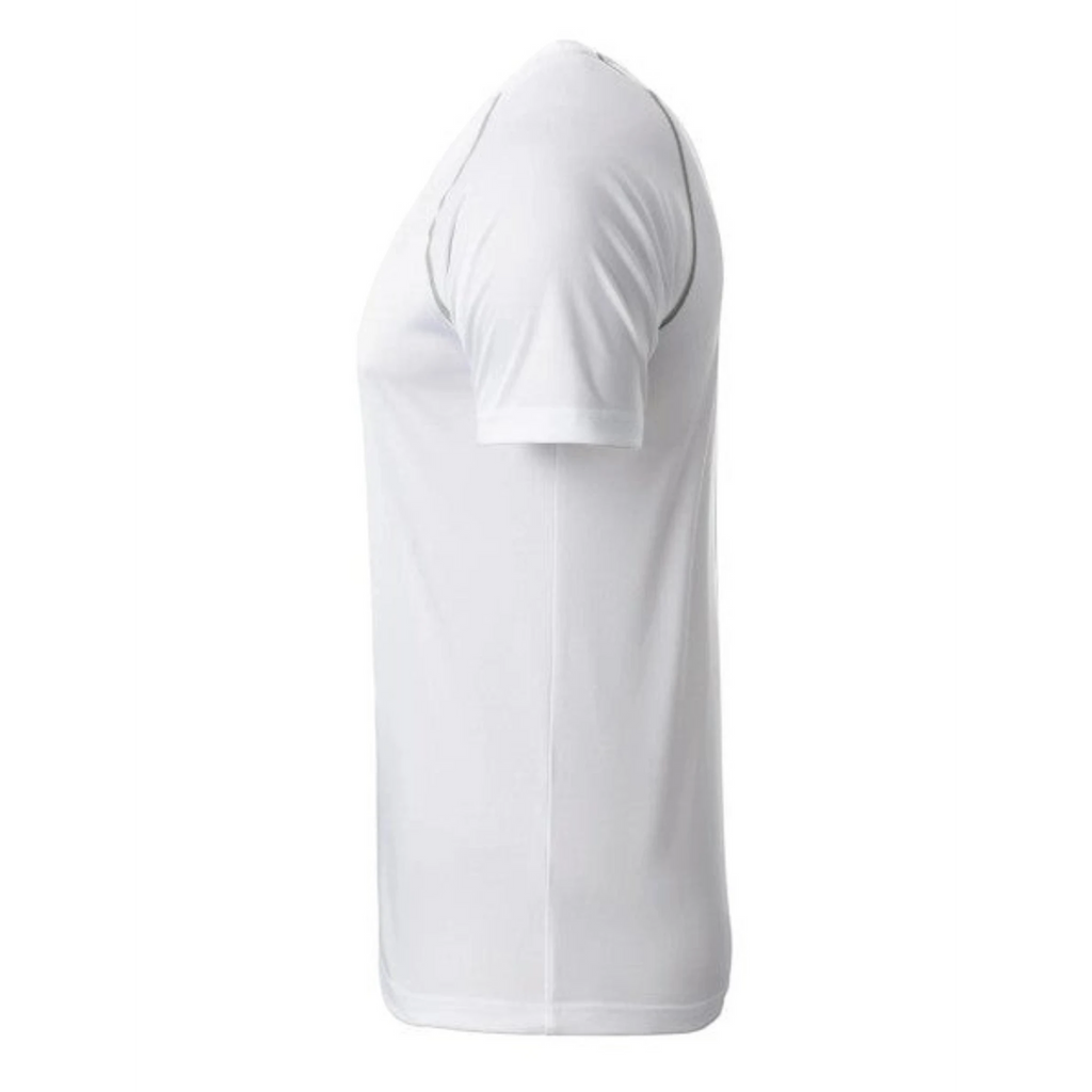 Milan Geschenk e.K. white polyester men's sports t-shirt with raglan sleeves and grey contrast stitching.