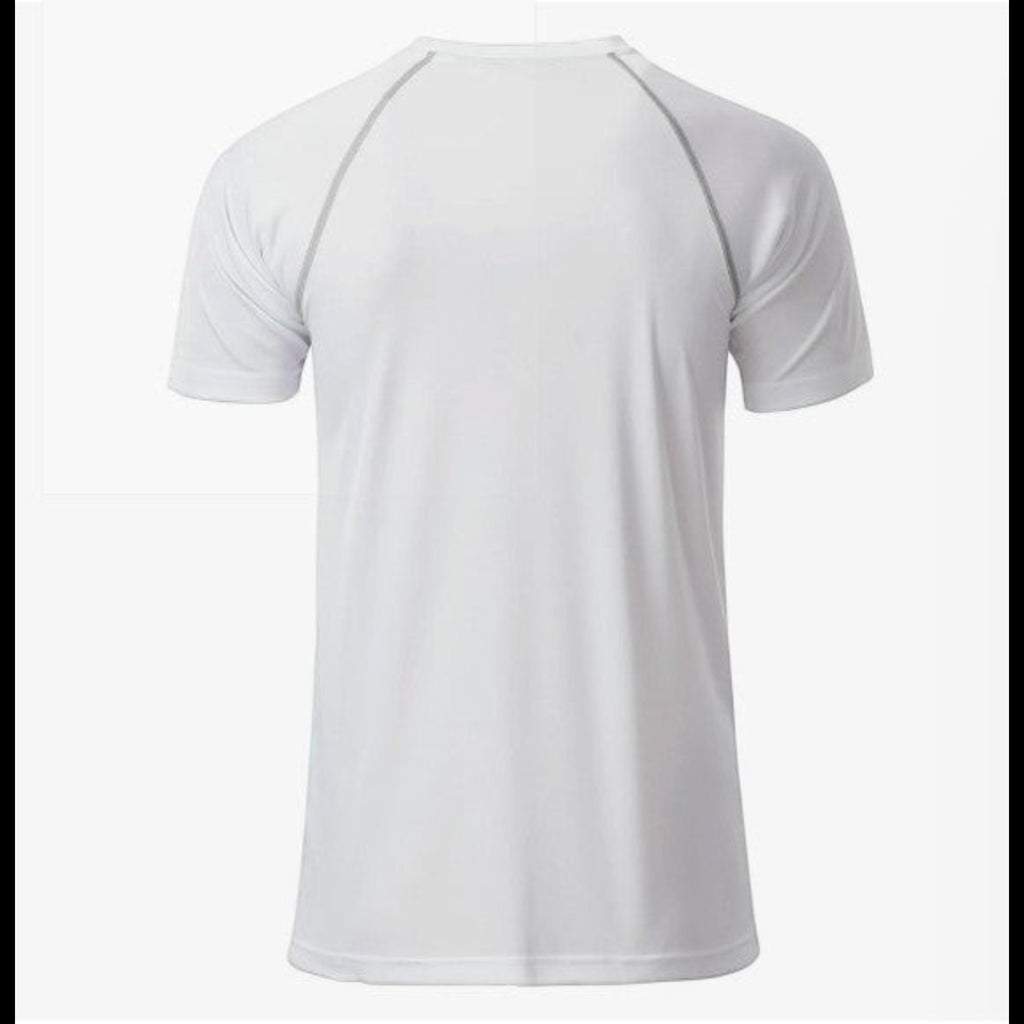 Milan Geschenk e.K. white polyester men's sports t-shirt with grey raglan seams and round neck.