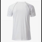 Milan Geschenk e.K. white polyester men's sports t-shirt with grey raglan seams and round neck.