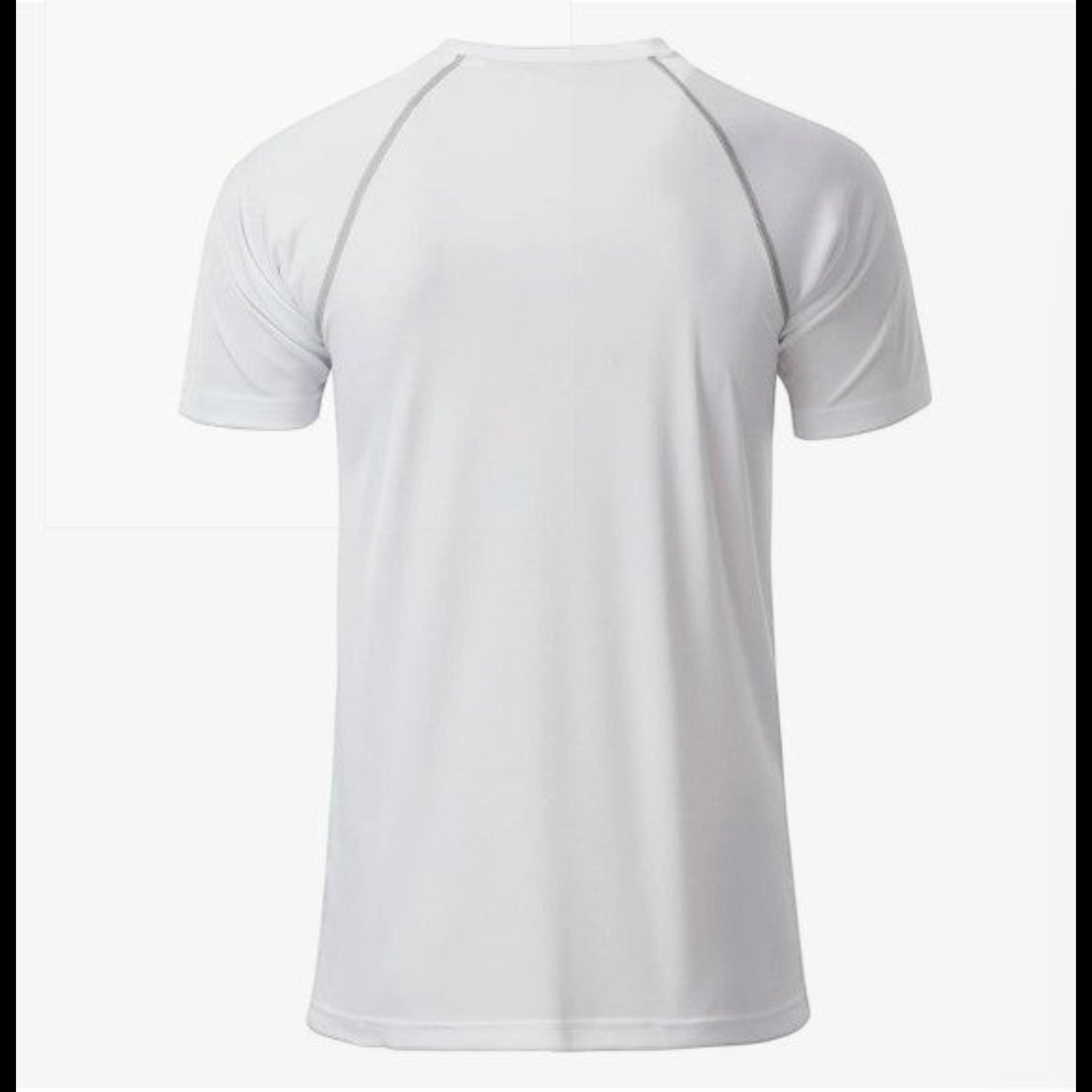 Milan Geschenk e.K. white polyester men's sports t-shirt with grey raglan seams and round neck.
